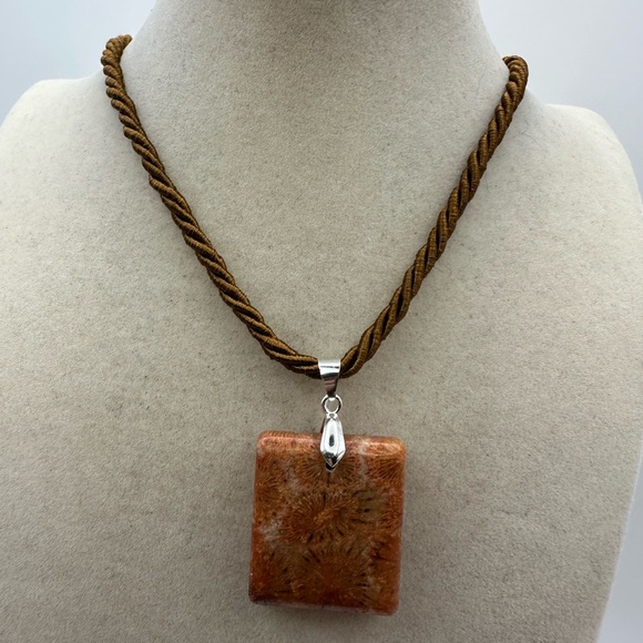 Coral Fossil Pendant Necklace on Brown Satin Polyester Rope - Picture 6 of 11